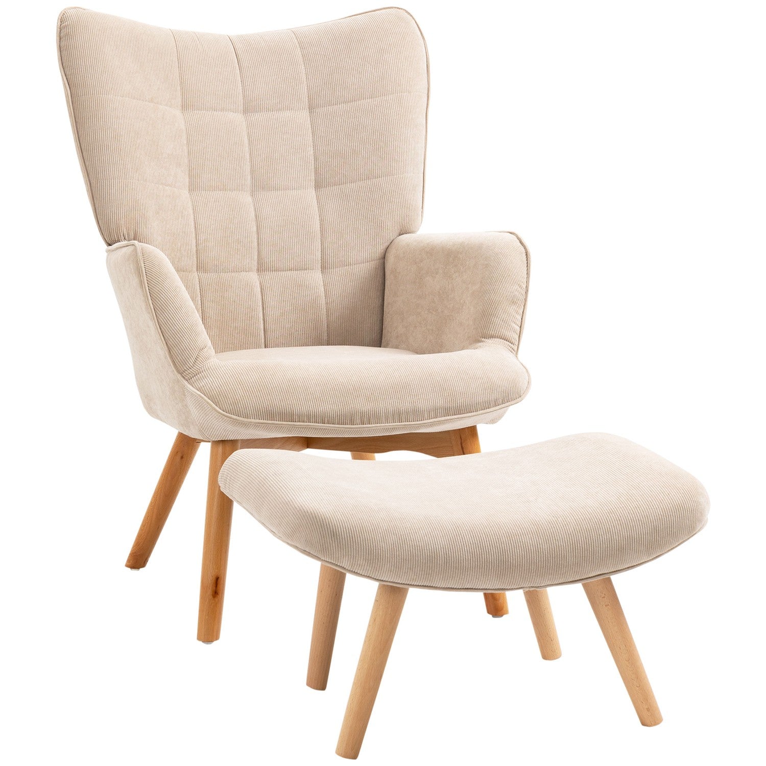 Manchester Lounge Wing Chair med ottomansk, beige klädsel