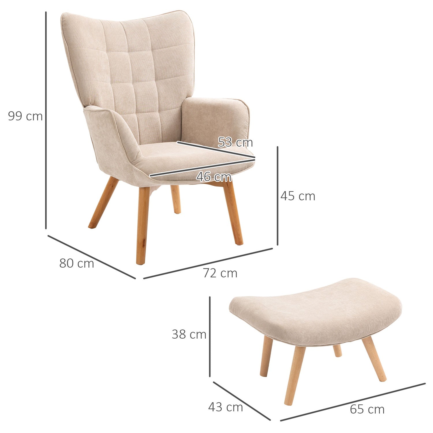 Manchester Lounge Wing Chair med ottomansk, beige klädsel