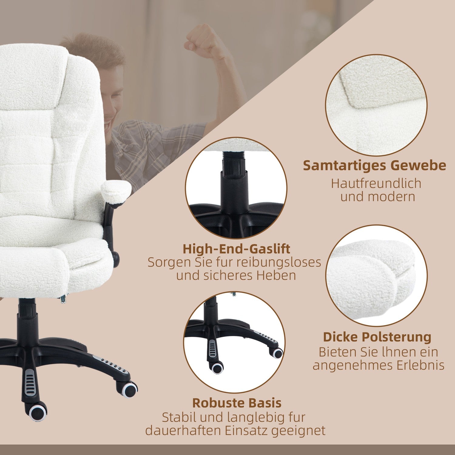 Massage Kontorsstol, Liggande, Uppvärmd, Teddy Sammet, Vit
