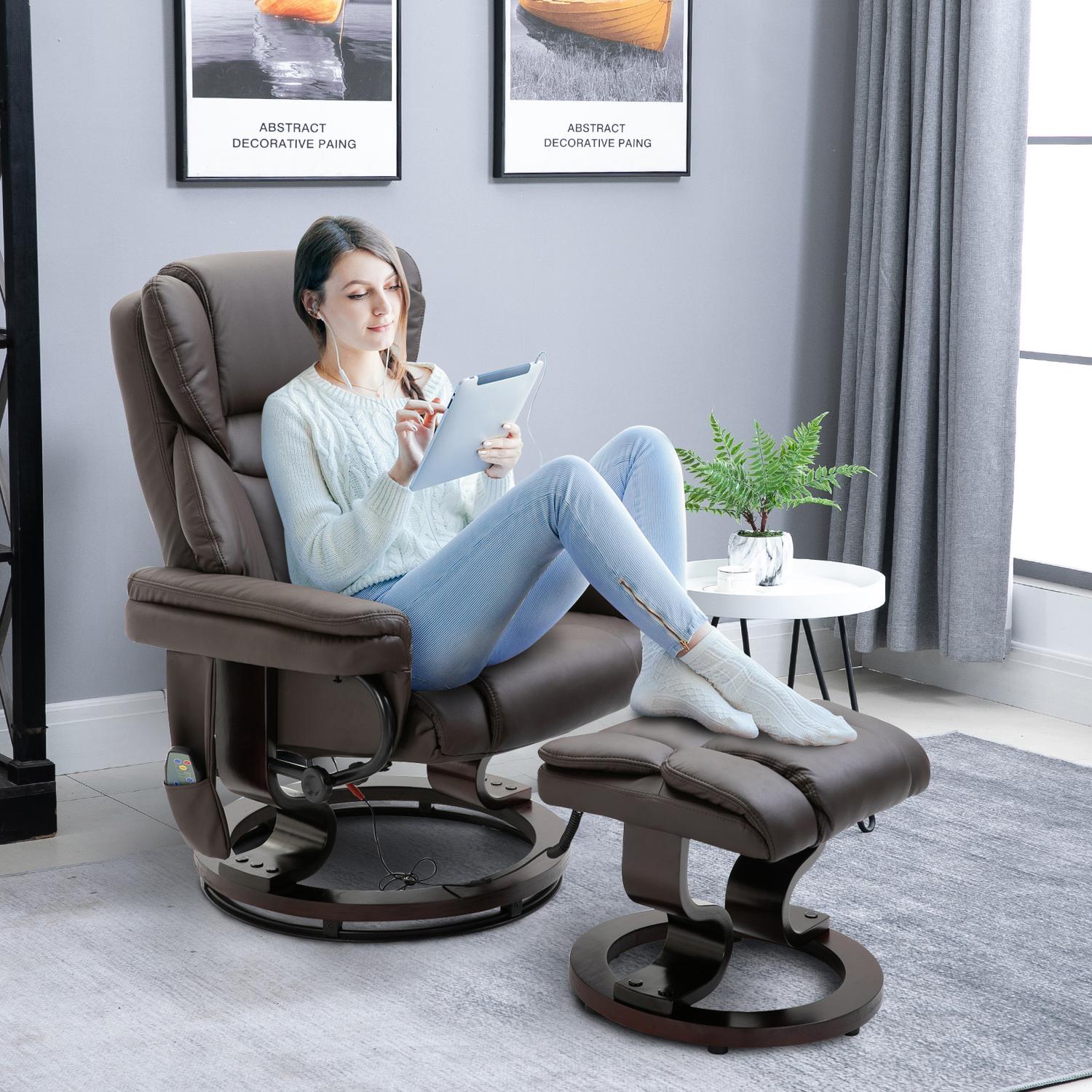 Massagefåtölj med fotpall, konstläder, brun