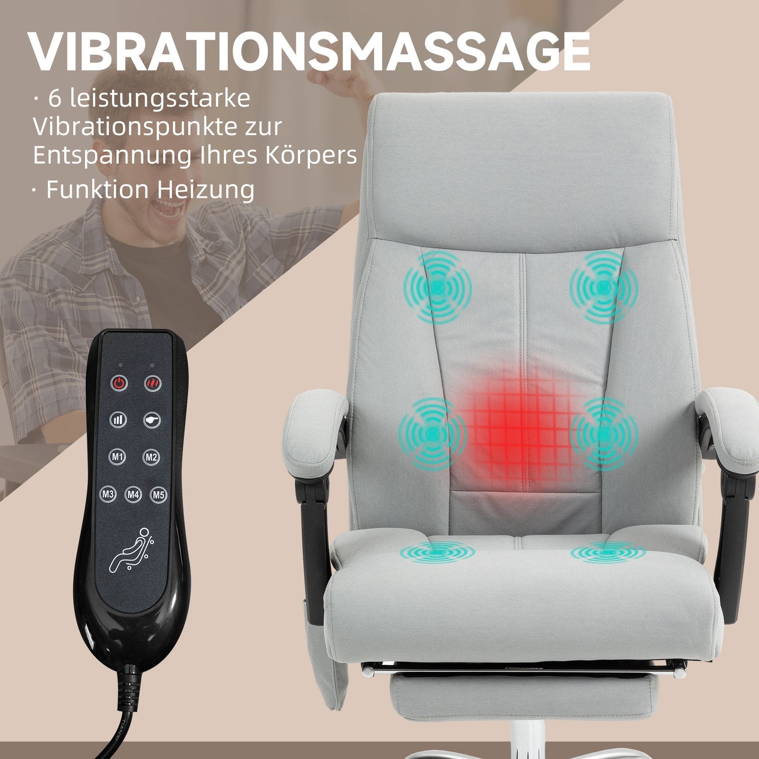 Ergonomisk liggande kontorsstol med fotstöd, ljusgrå
