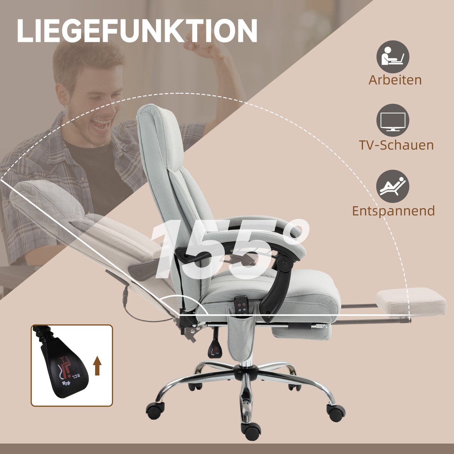 Ergonomisk liggande kontorsstol med fotstöd, ljusgrå