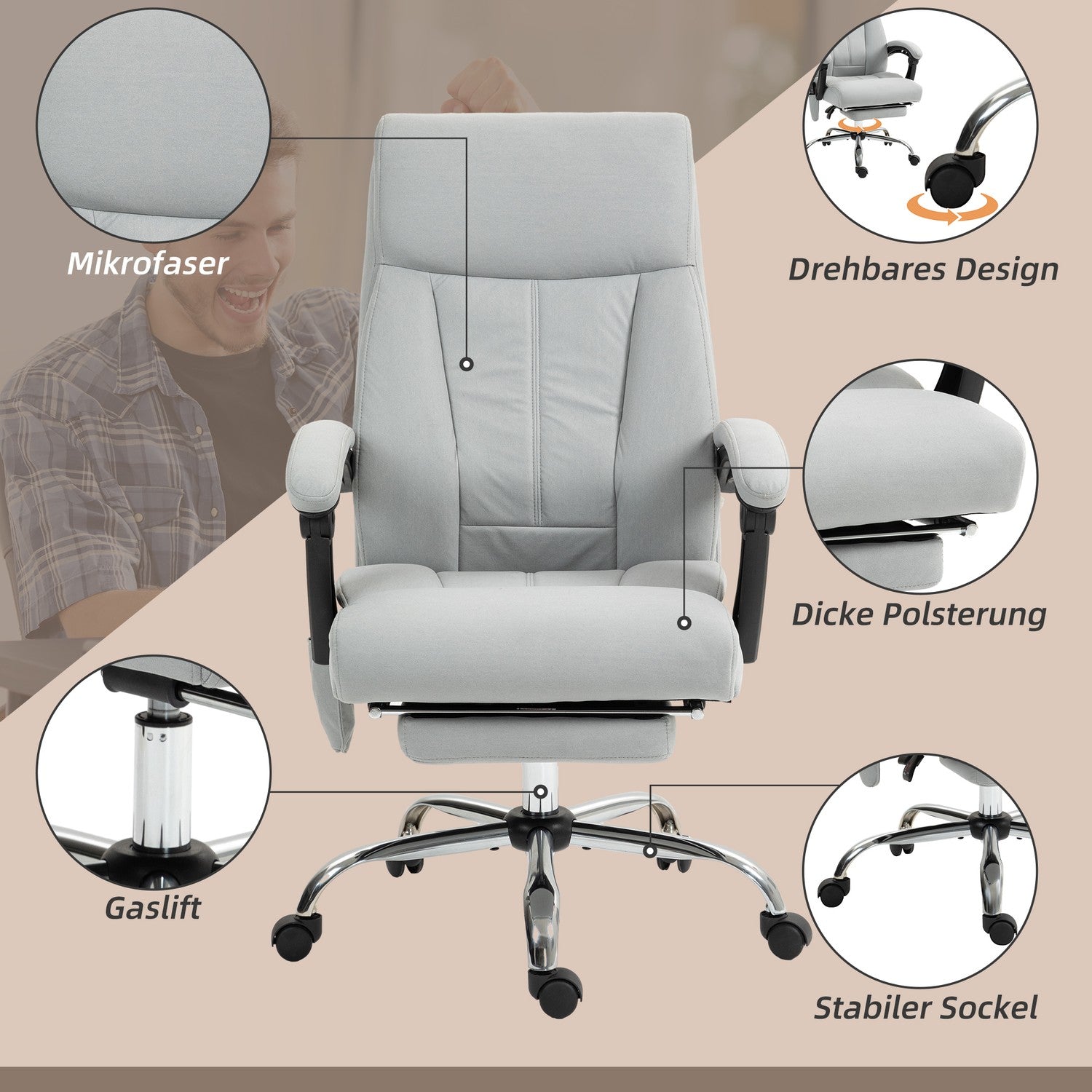 Ergonomisk liggande kontorsstol med fotstöd, ljusgrå