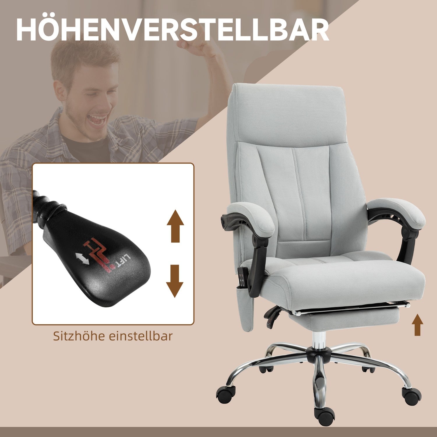 Ergonomisk liggande kontorsstol med fotstöd, ljusgrå
