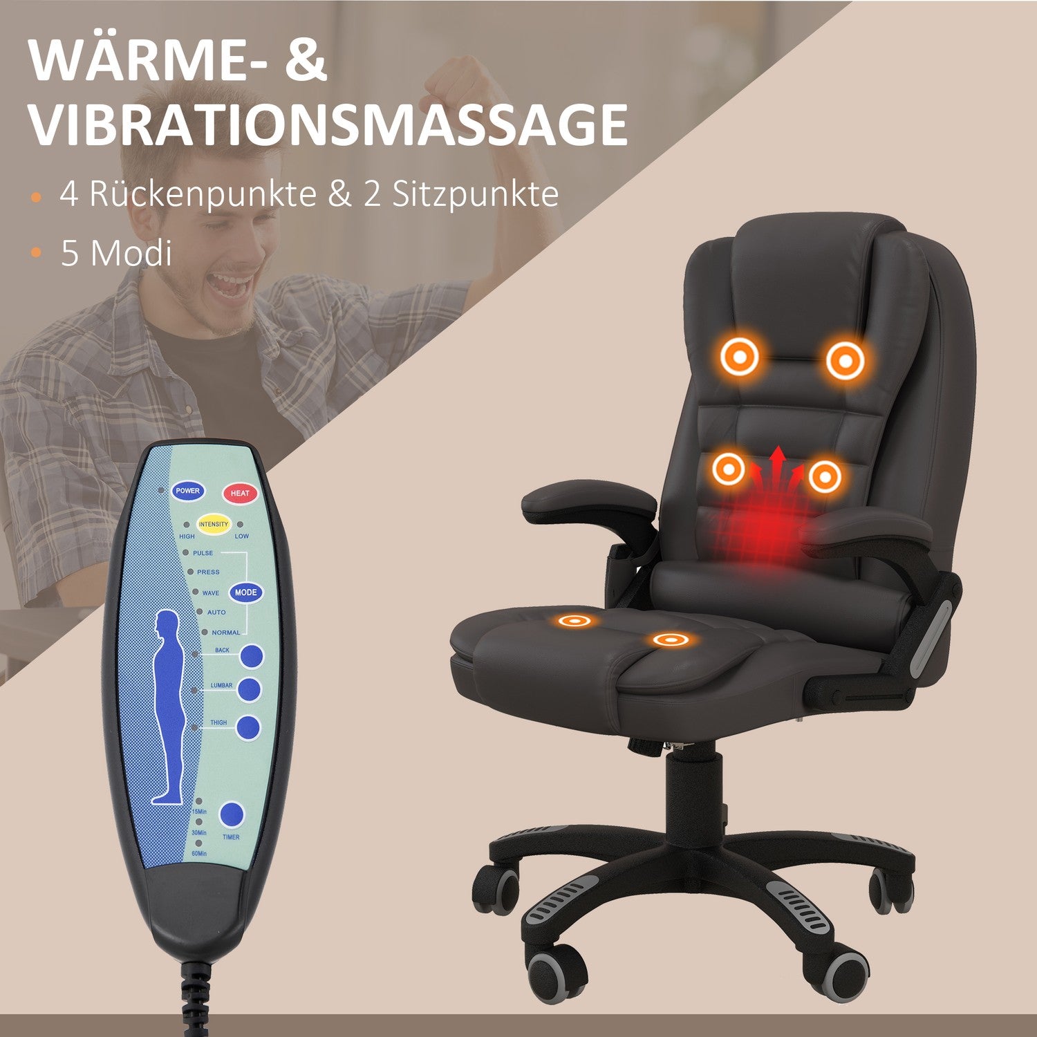 Vibrationsmassage kontorsstol med värme, konstläder, brun