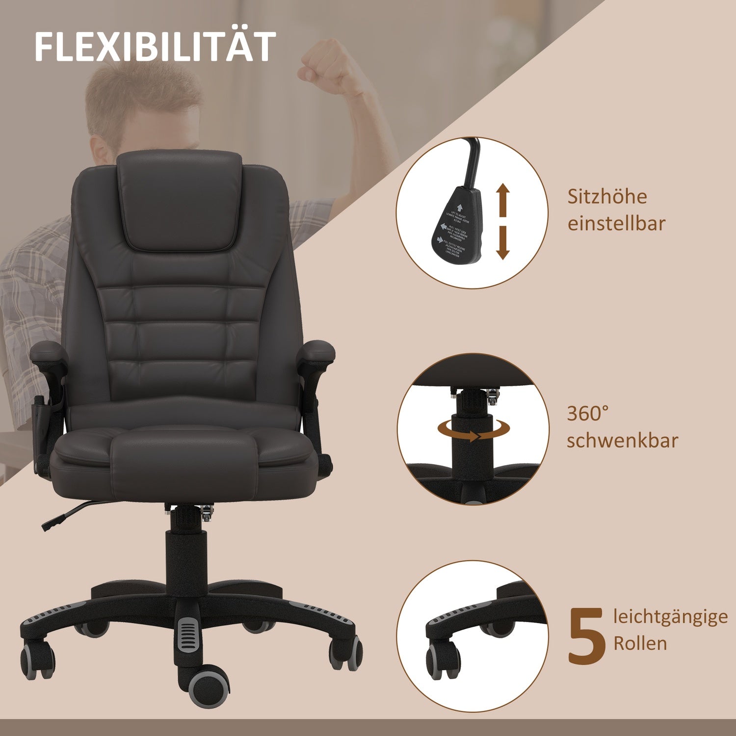 Vibrationsmassage kontorsstol med värme, konstläder, brun
