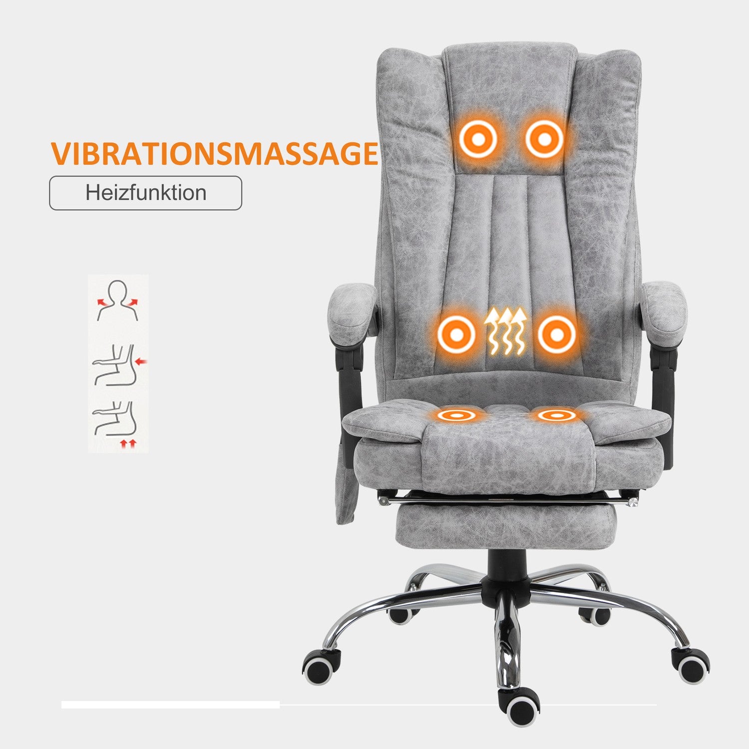 Liggande grå massagestol med värme och fotstöd