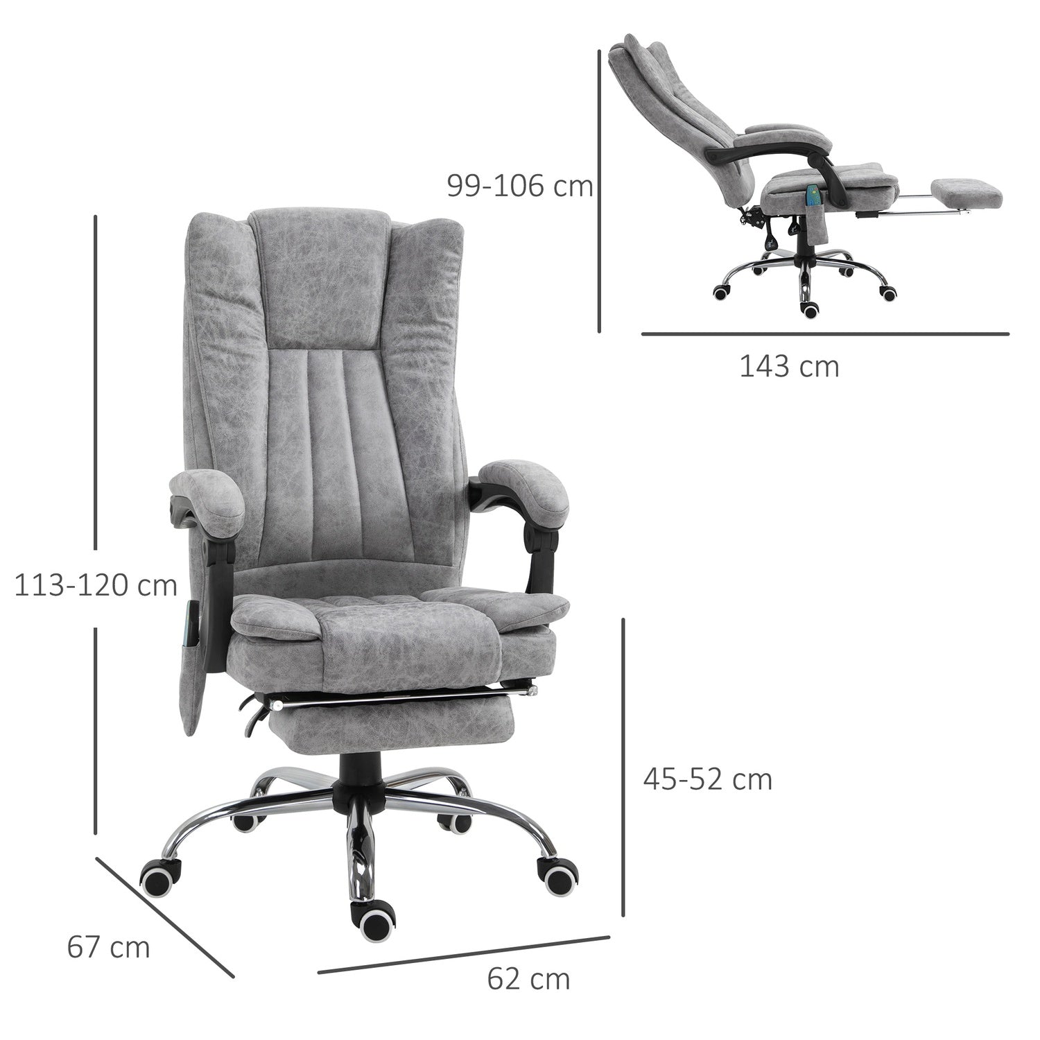 Liggande grå massagestol med värme och fotstöd
