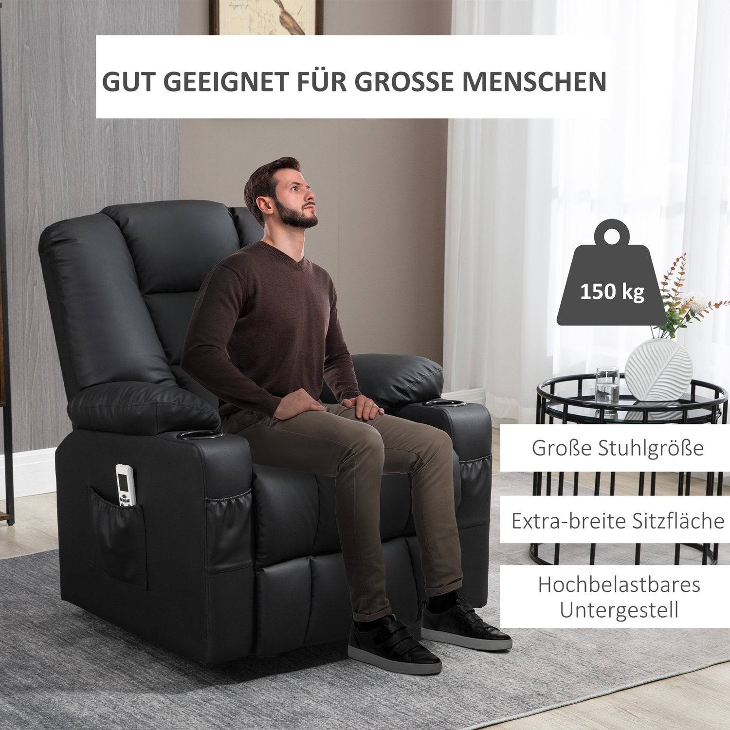 Liggande massagestol, USB & Fjärrkontroll, 150 kg Kapacitet, Svart