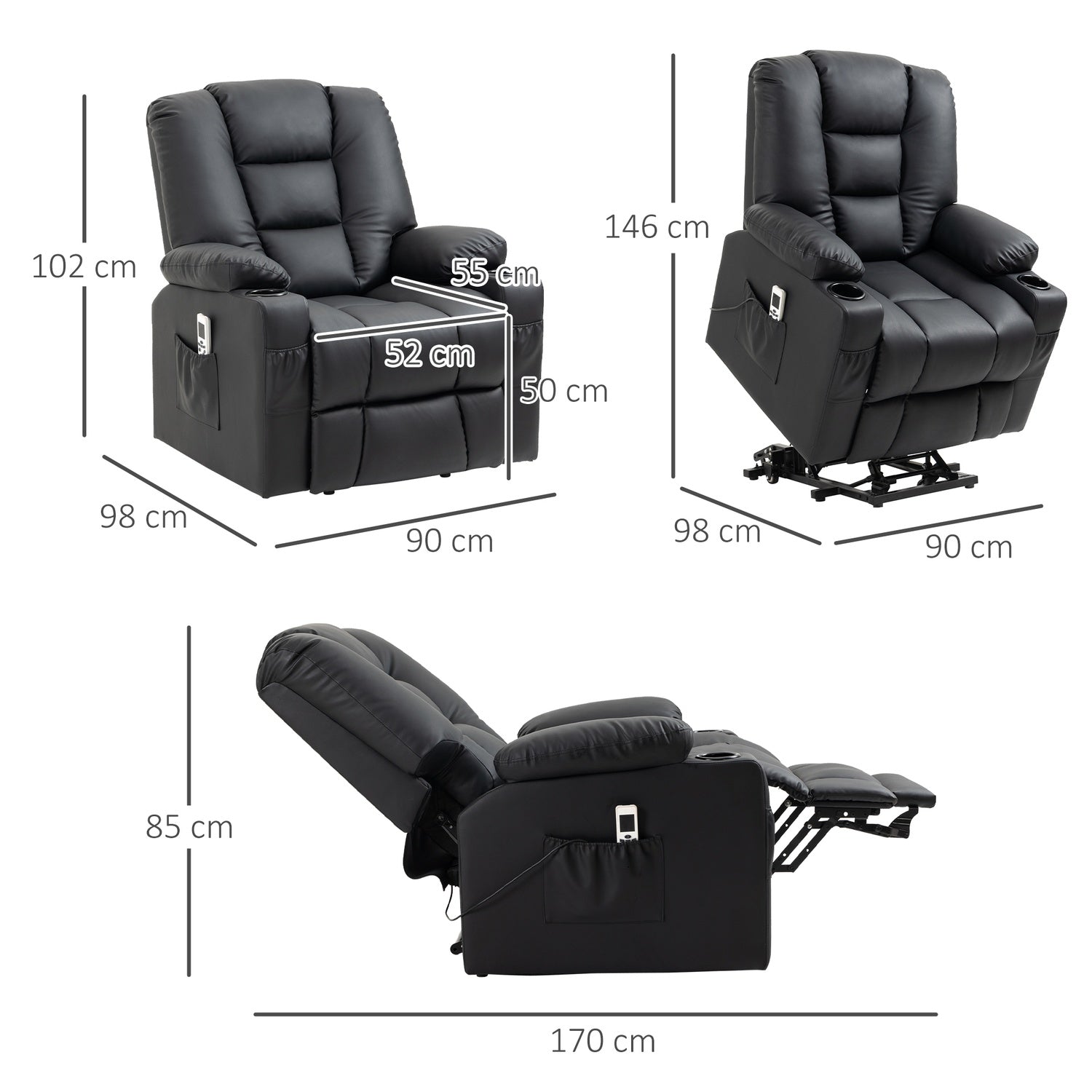 Liggande massagestol, USB & Fjärrkontroll, 150 kg Kapacitet, Svart