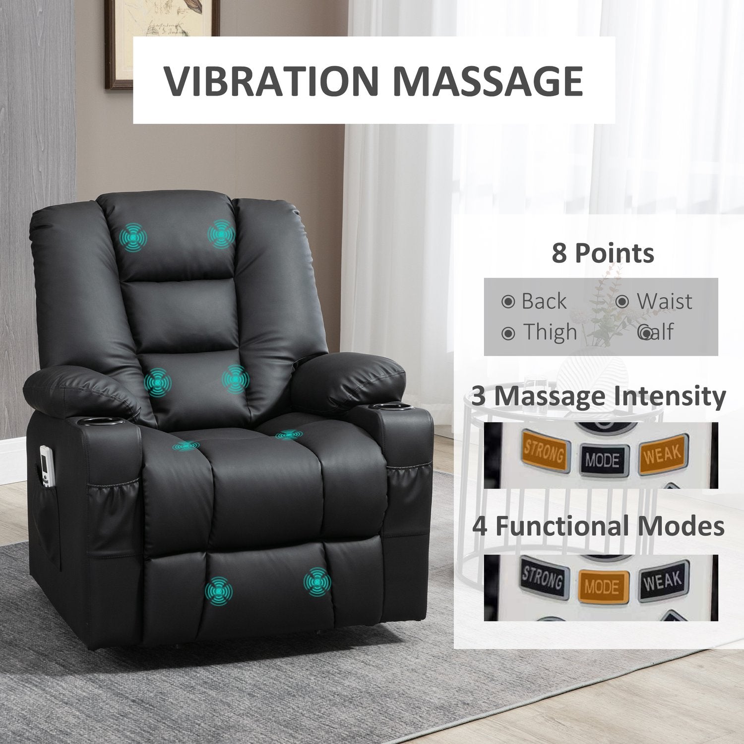 Liggande massagestol, USB & Fjärrkontroll, 150 kg Kapacitet, Svart