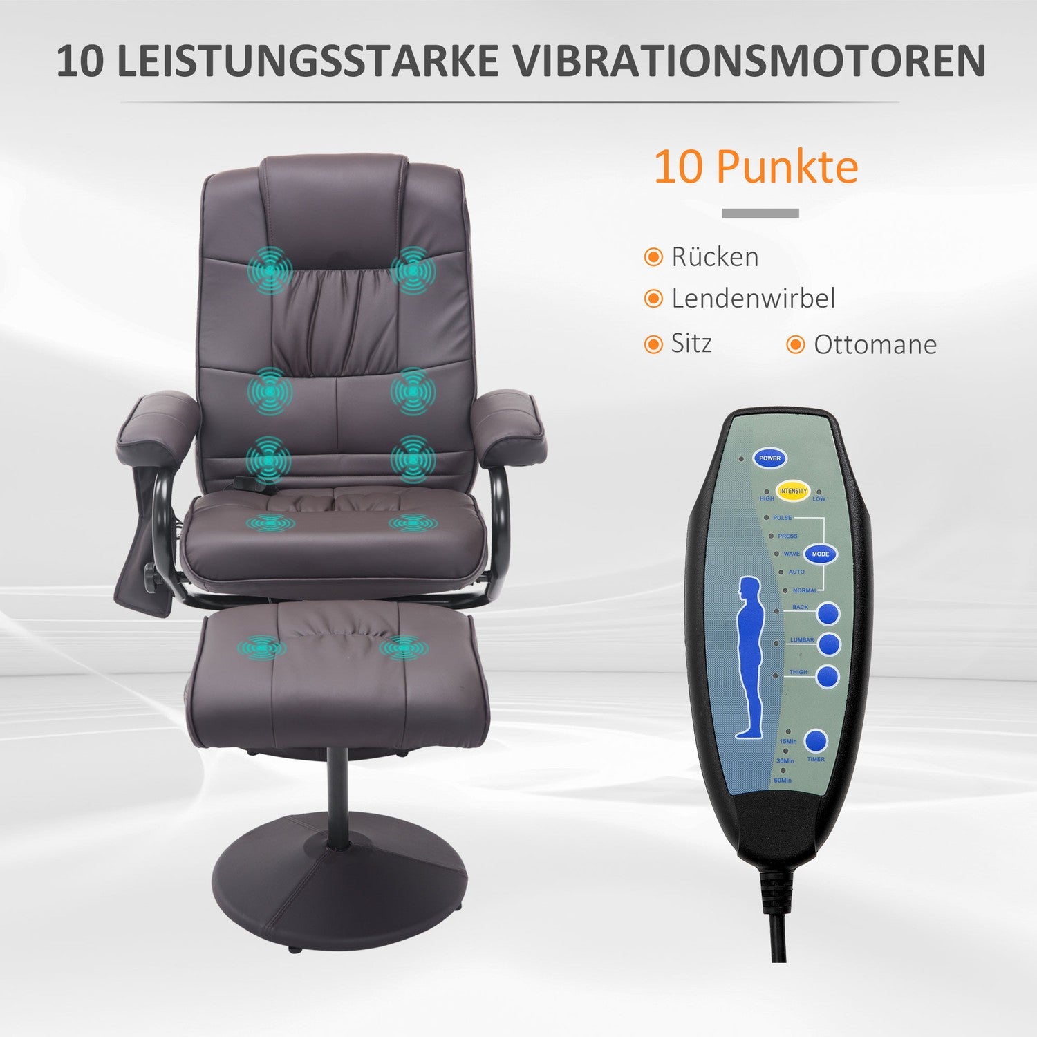 Liggande massagestol i brunt konstläder med ottoman