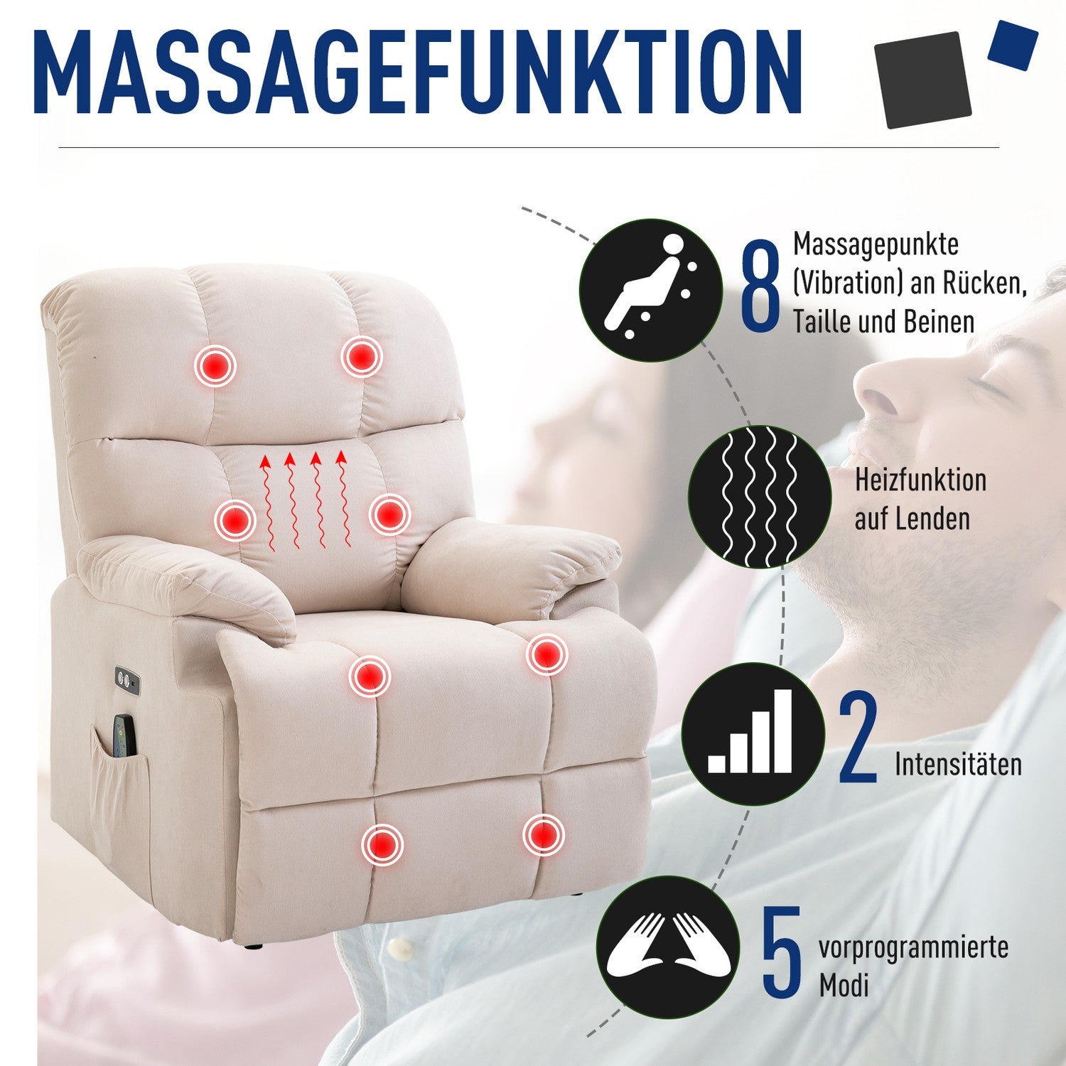 Uppvärmd massagestol med USB-fjärrkontroll, justerbar plysch