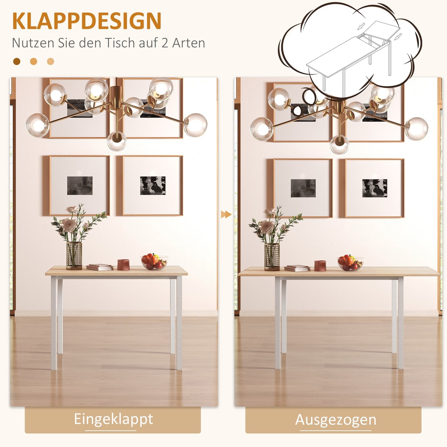 Utdragbart matbord för 6, stålstomme, brun finish