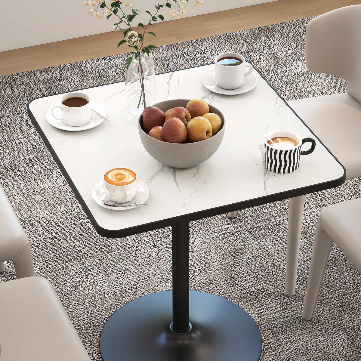 Eettafel voor 4 personen, wit marmerlook tafelblad, metalen onderstel