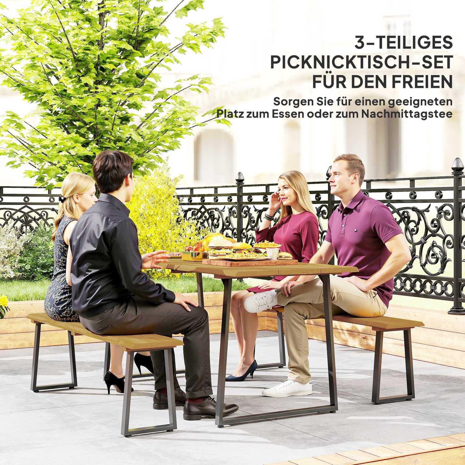 Matsalsset i trä för 6 med bord, bänkar och paraplyhål