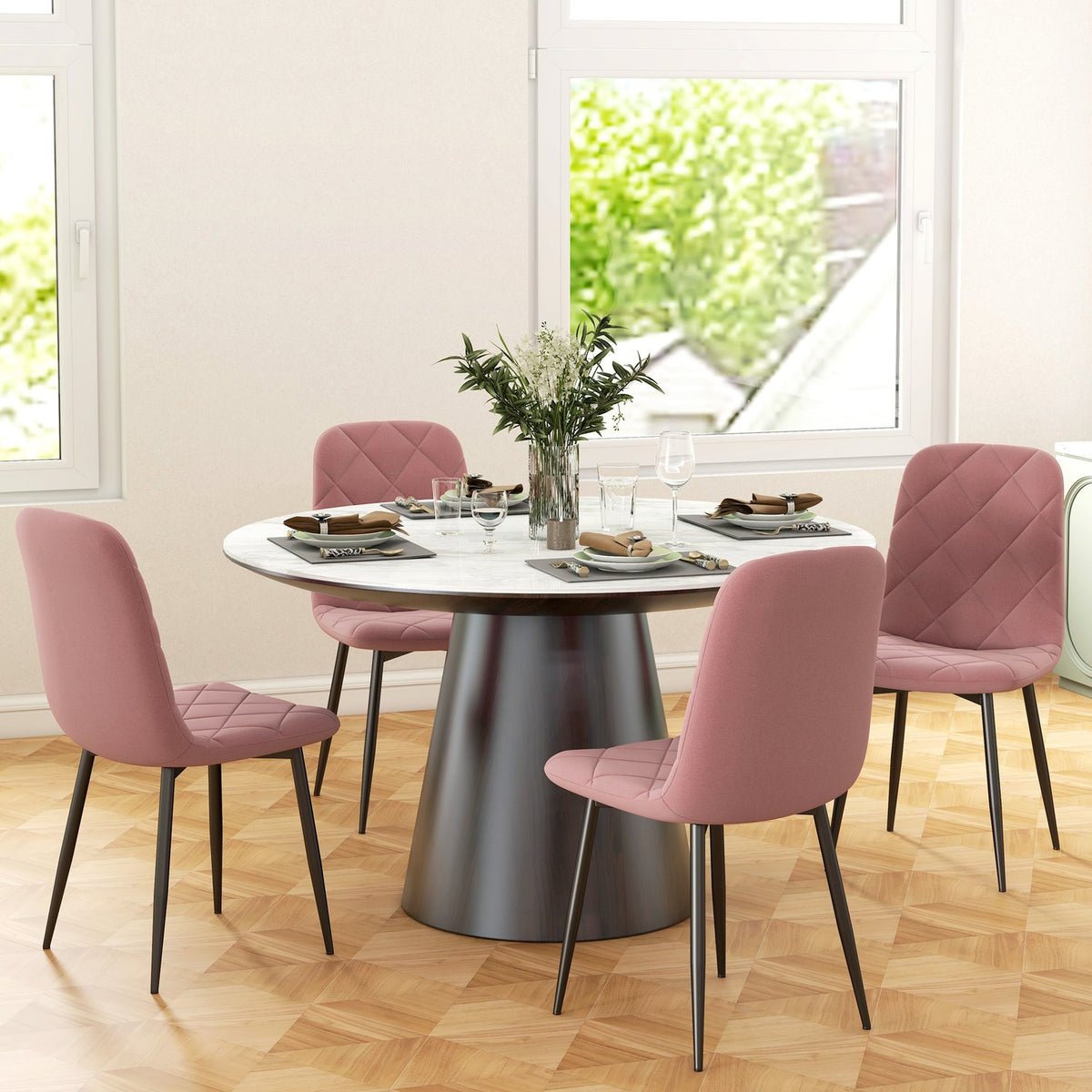 Matsalsstolar set om 4 köksstolar med ryggstöd, sammetslook, fåtölj 45 x 54 x 87 cm rosa