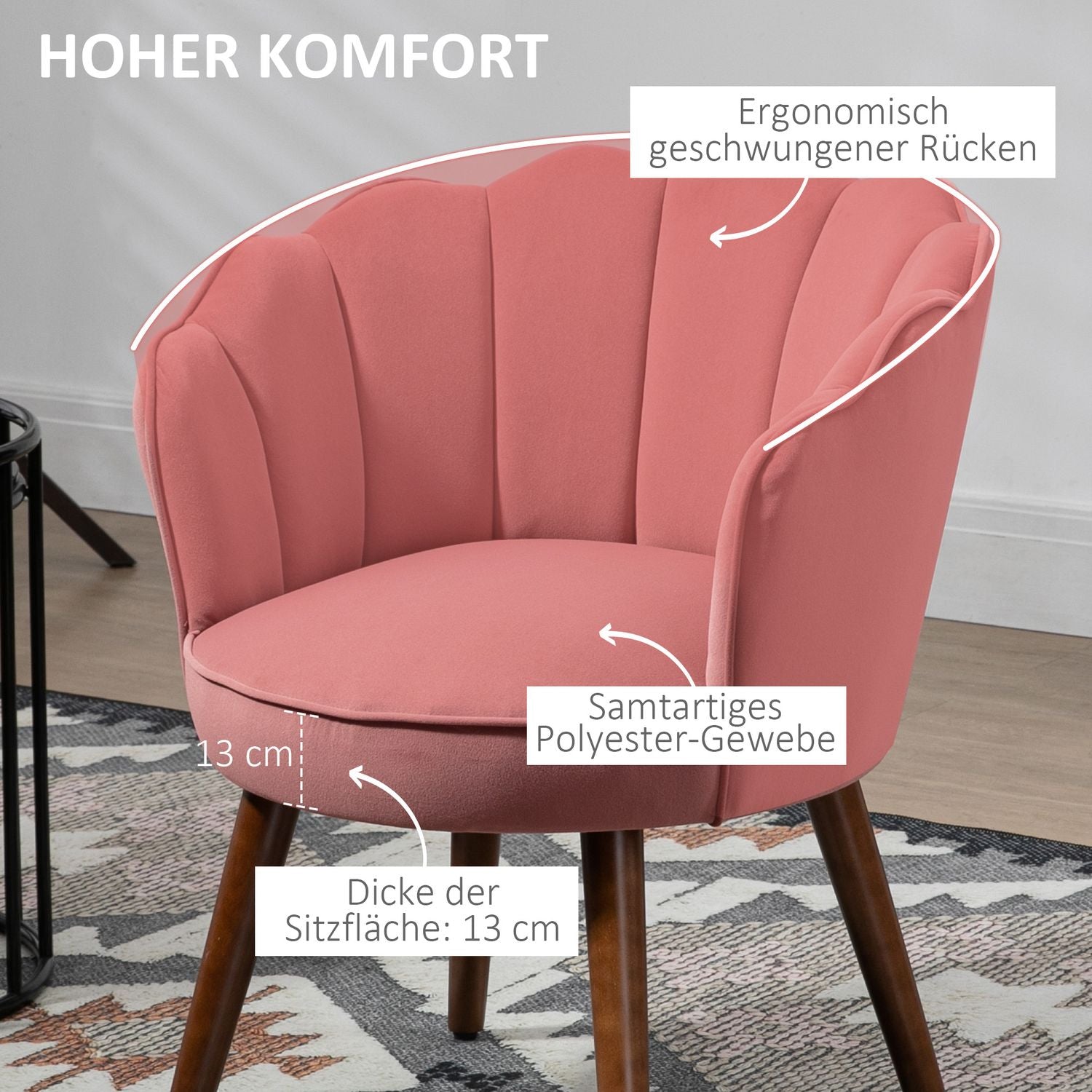 Rosa fåtölj med ryggstöd – polyester, gummiträ