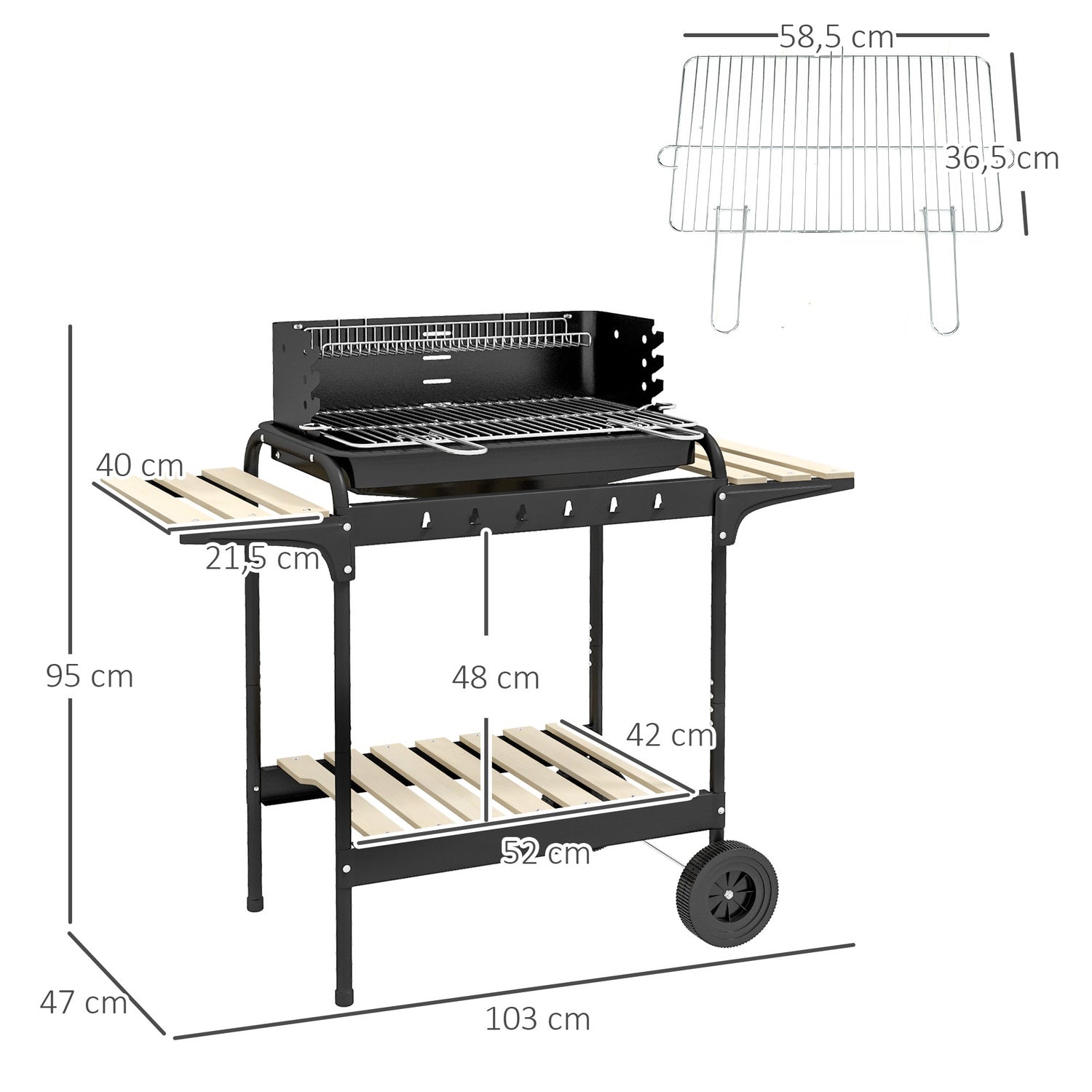 Metall kolgrill – justerbart galler, hjul, hylla
