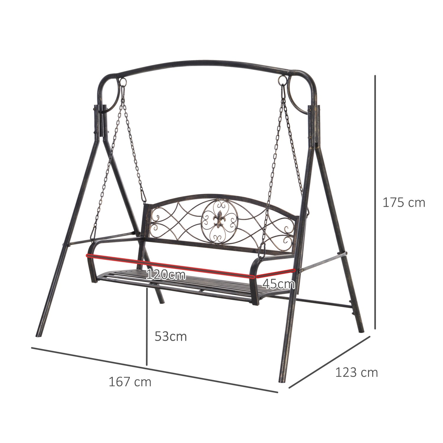 Metall trädgårdsgunga för 2, bronsfinish, 167x123x175 cm