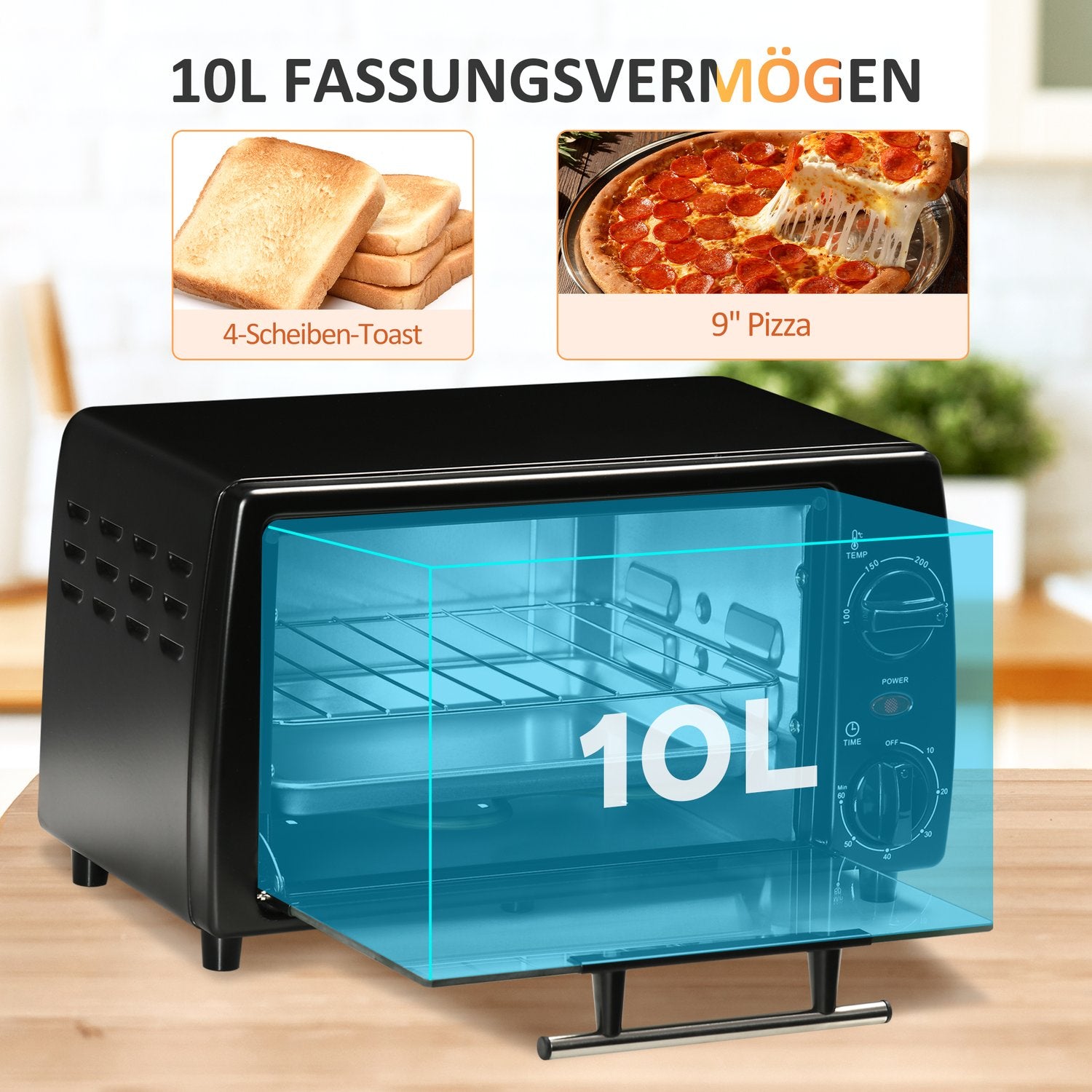 10L Mini Elektrisk Ugn, 750W, Timer, 230°C, Svart
