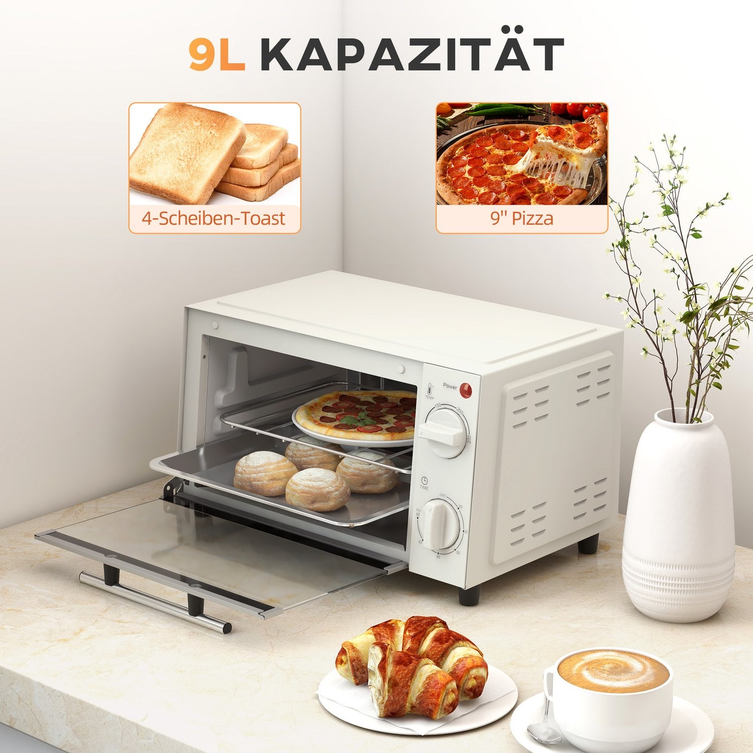 Miniugn 9L – 750W, Timer, Justerbar Temp, Gräddvit