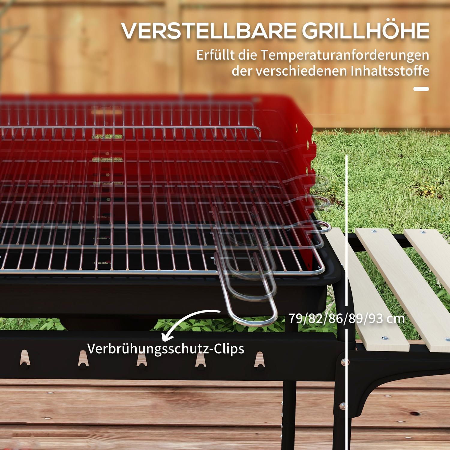 Mobil kolgrill i metall med hjul och trähylla