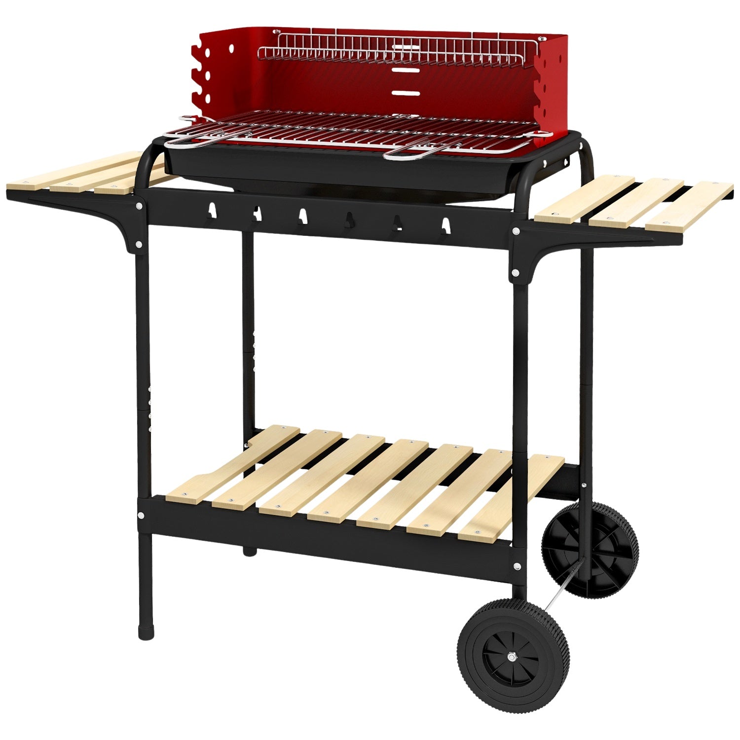 Mobil kolgrill i metall med hjul och trähylla