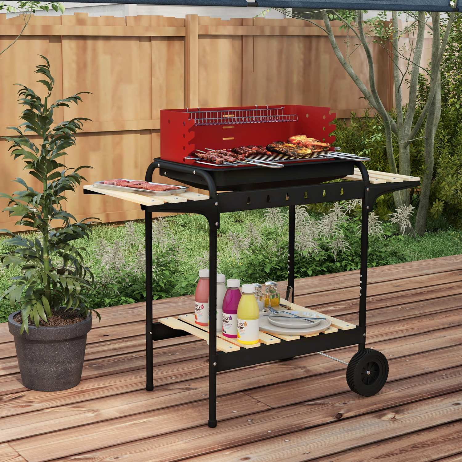 Mobil kolgrill i metall med hjul och trähylla