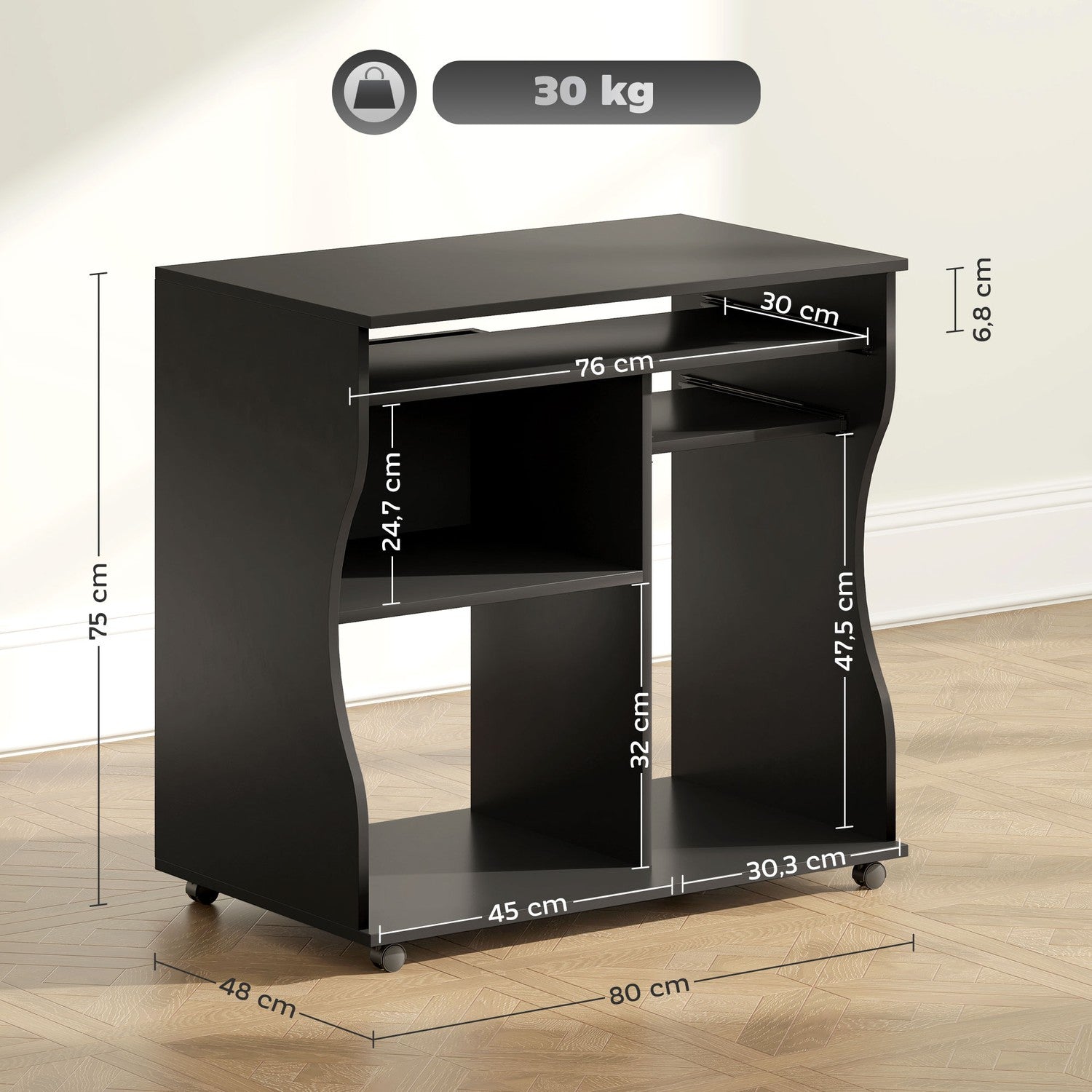 Mobilt datorbord med tangentbordshylla, svart 80x48x75 cm