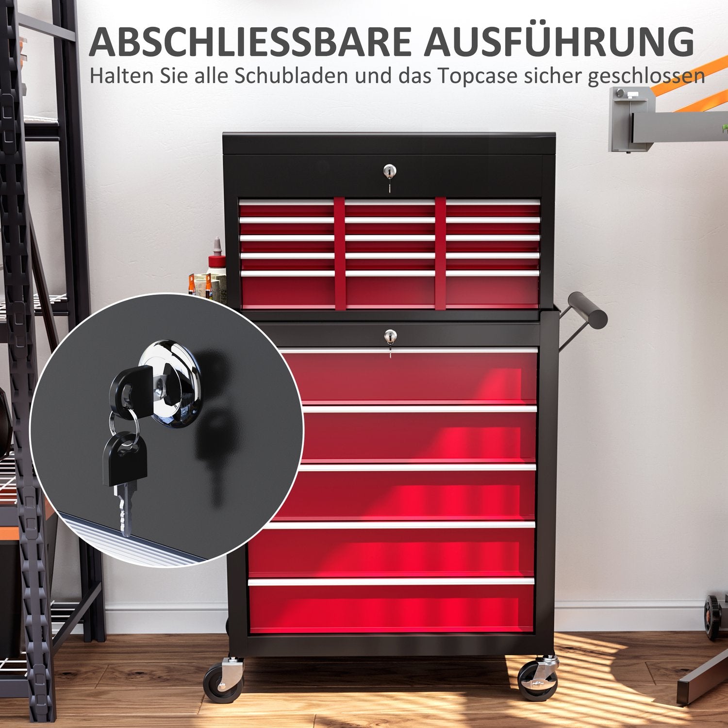 Mobil verkstadsvagn, Låsbar, 14 lådor, Röd