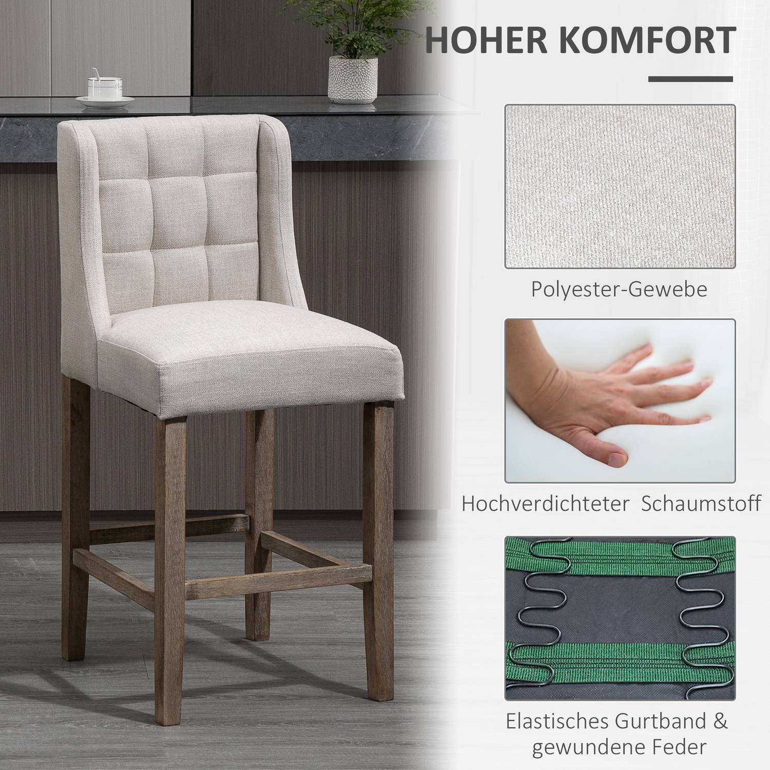Modern beige barstolar set, låg rygg, linne, 2 st