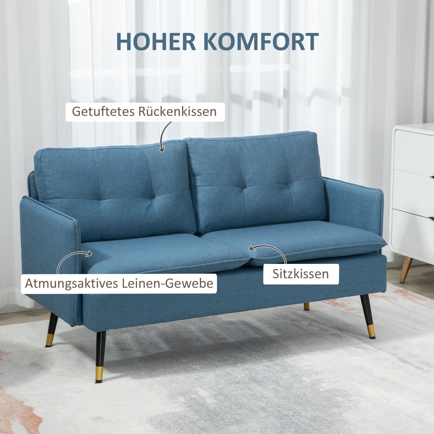 Modern mörkblå 2-sits soffa med tjocka kuddar