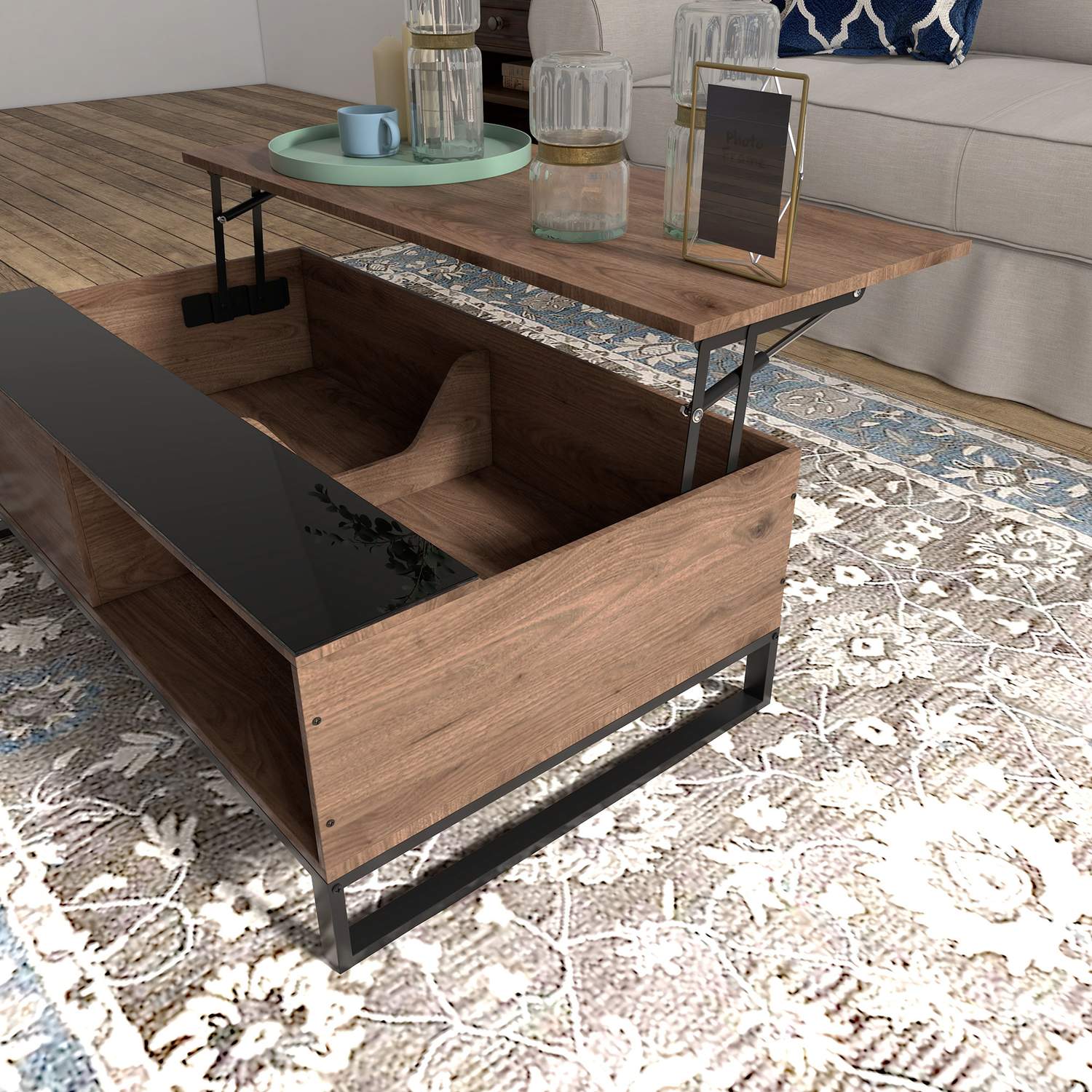 Modernt soffbord i svart stål med förvaring, 102x58x35,5 Cm