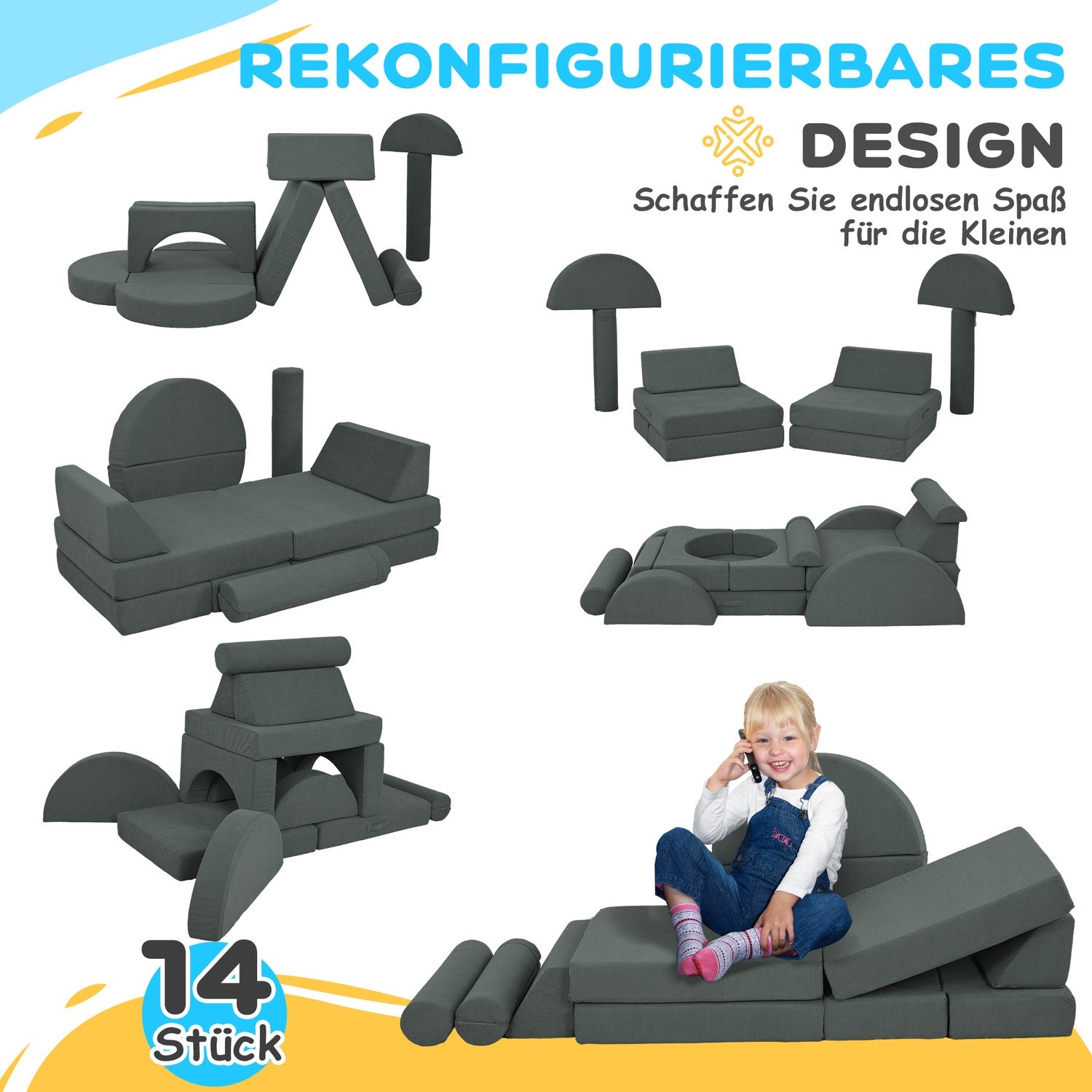 Modulär skumleksoffa för småbarn – 14-delars set
