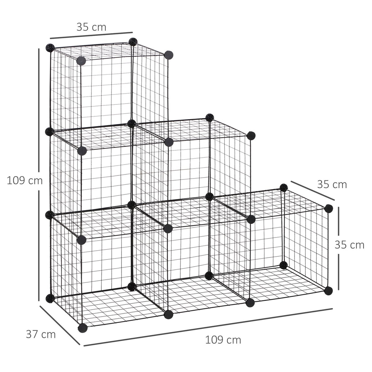 Modulair opbergrek met draadpanelen – 6 kubussen, zwart, 109 x 37 x 109 cm