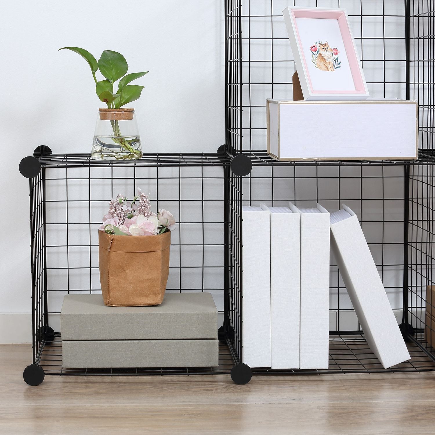 Modulair opbergrek met draadpanelen – 6 kubussen, zwart, 109 x 37 x 109 cm