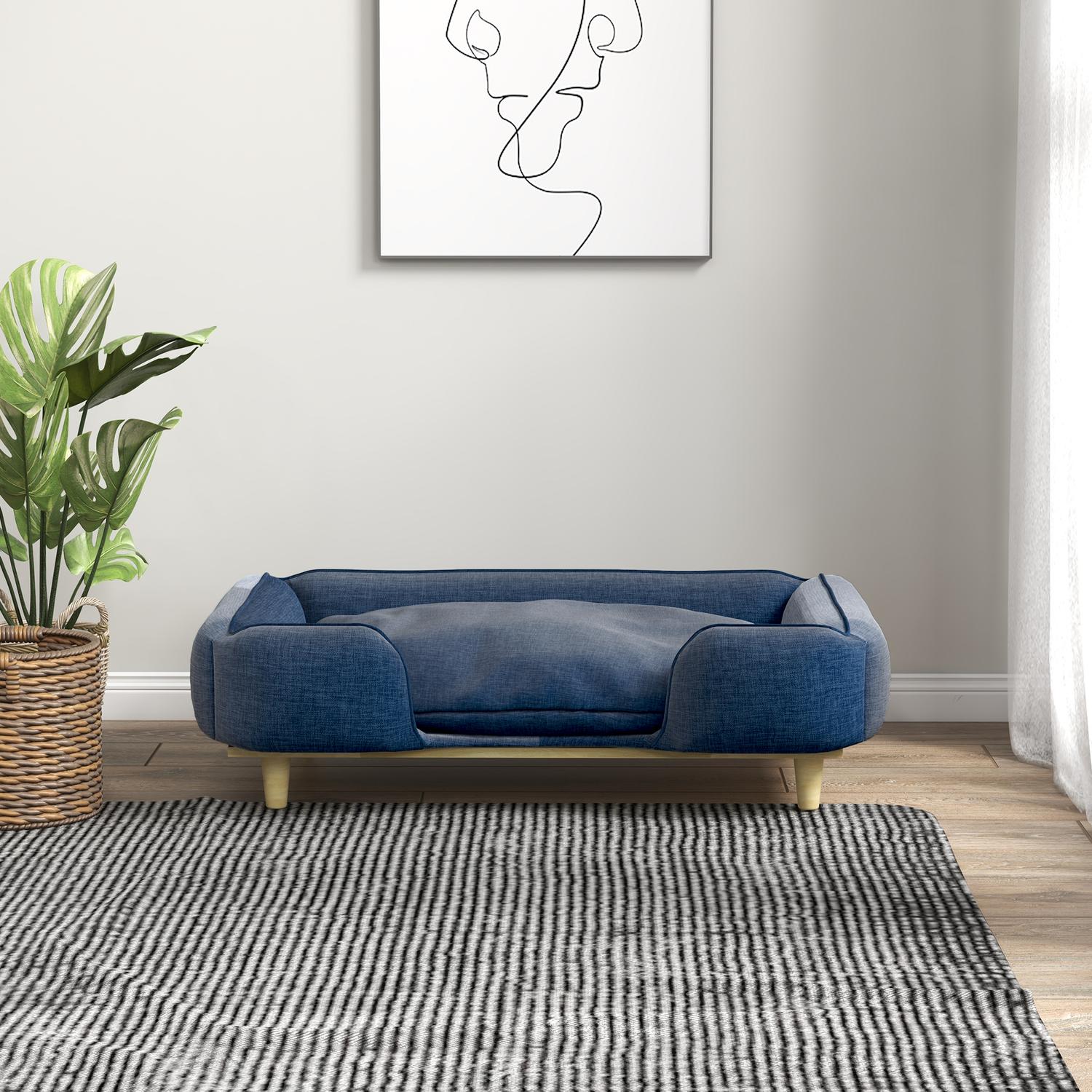 Mörkblå hundbäddsoffa med träben, 96x66x24 cm