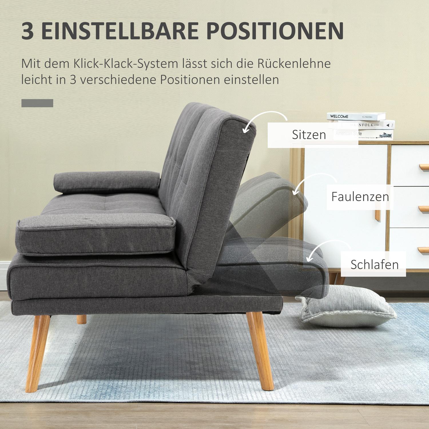 Mörkgrå 3-sits bäddsoffa med hopfällbart bord & mugghållare