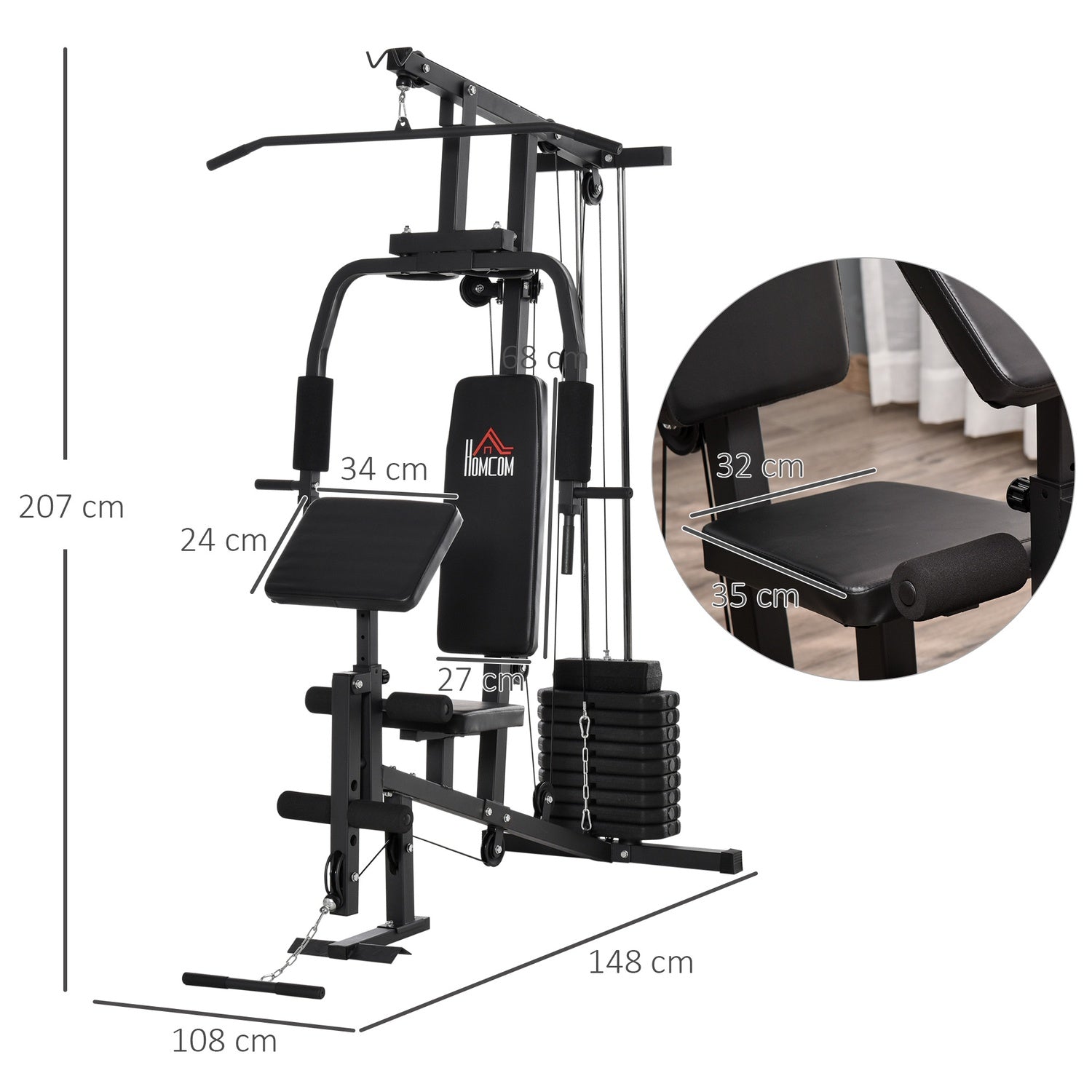 Multi-Gym Fitness Station med vikter och stoppning, svart