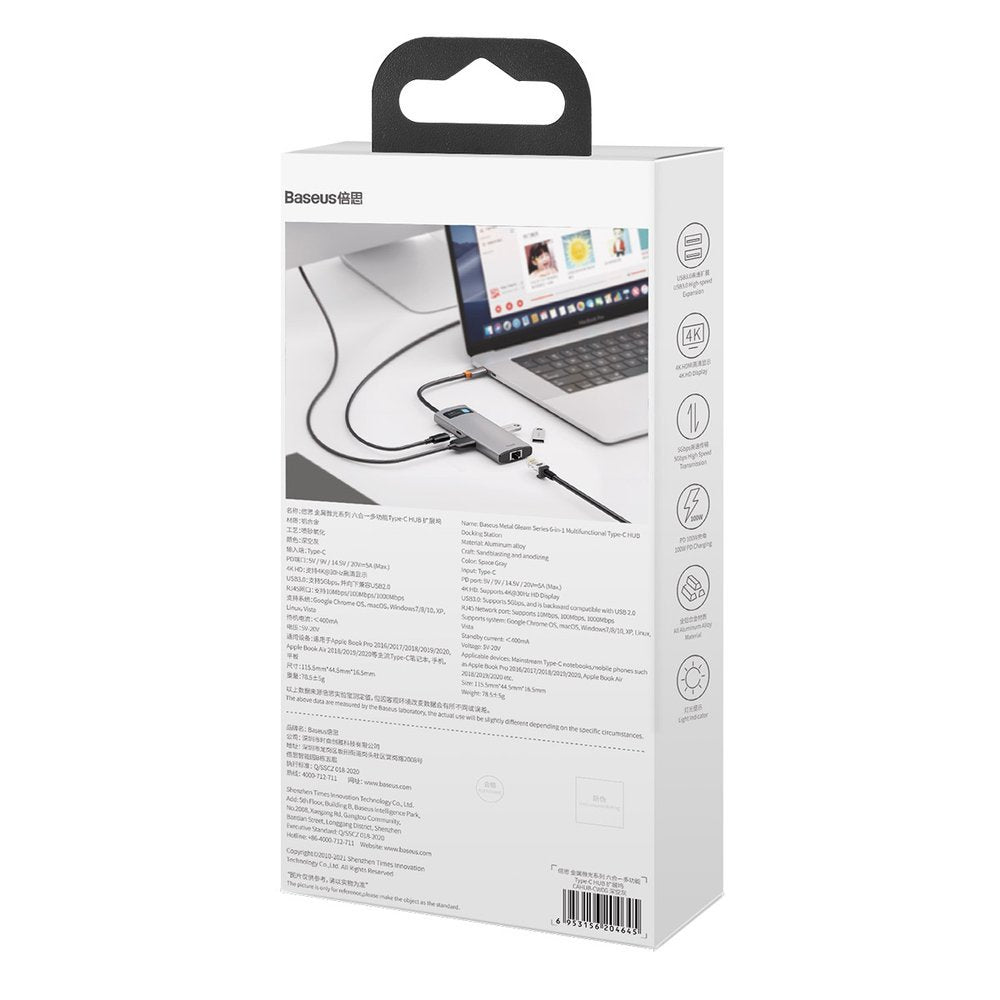 Multifunktionell 6-i-1 USB HUB USB-C PD HDMI 3x USB 3.2 RJ45 Grå
