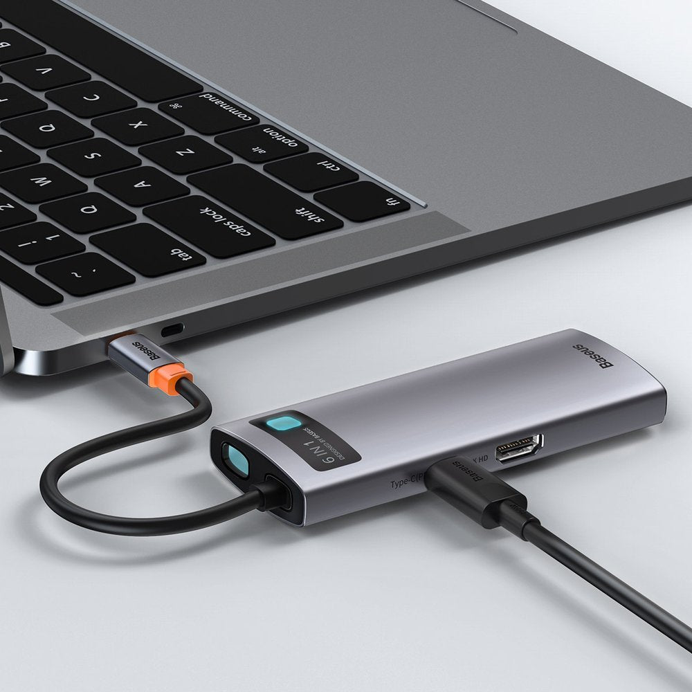 Multifunktionell 6-i-1 USB HUB USB-C PD HDMI 3x USB 3.2 RJ45 Grå