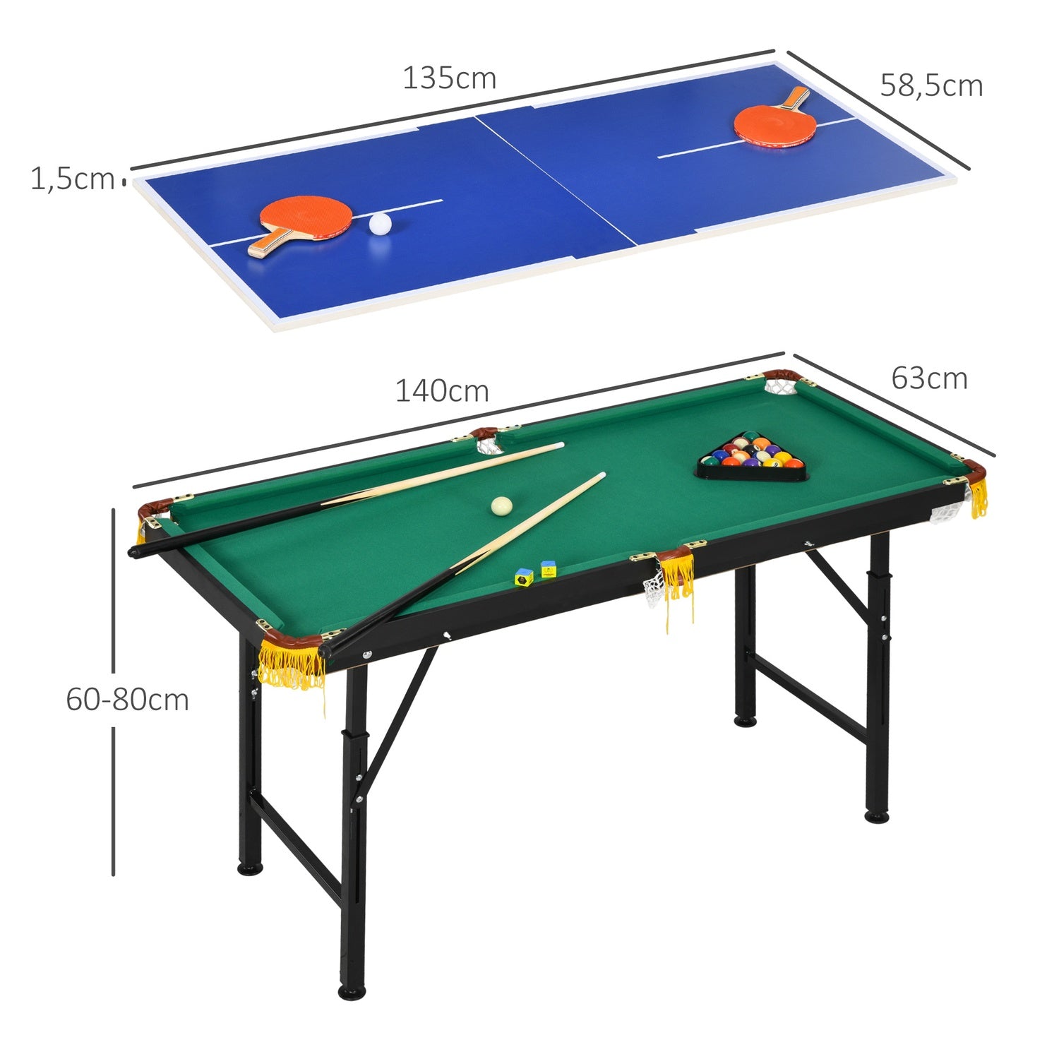 2-i-1 spelbord – biljard och bordtennis, justerbar höjd