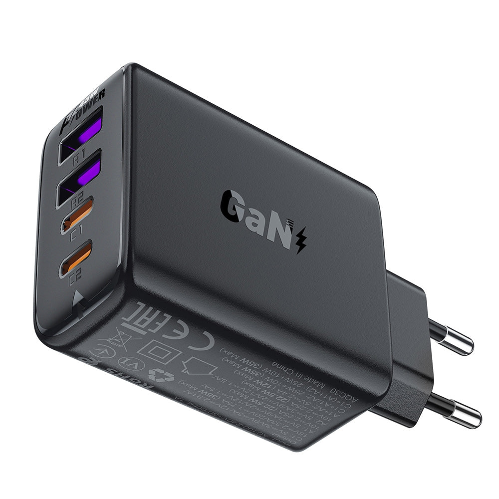 PD 45W GaN nätverksladdare med 4 portar 2x USB-C + 2x USB-A svart