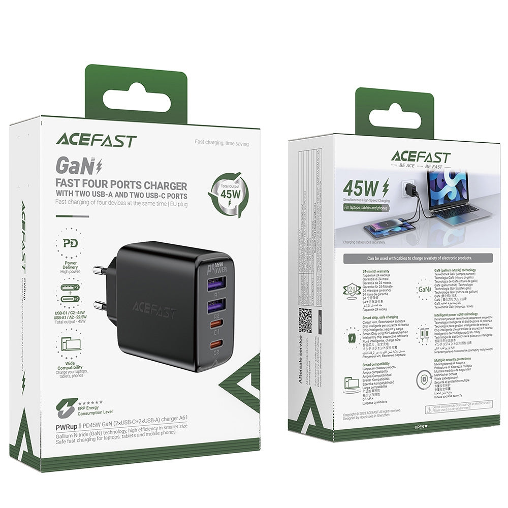 PD 45W GaN nätverksladdare med 4 portar 2x USB-C + 2x USB-A svart