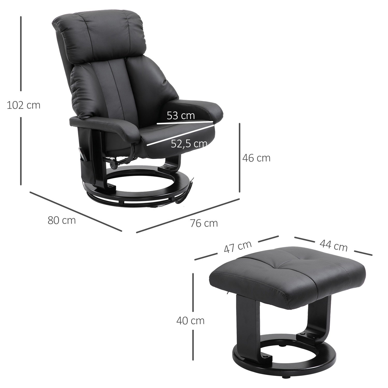 Svart massagepall – 76x80x102 cm Justerbar höjd