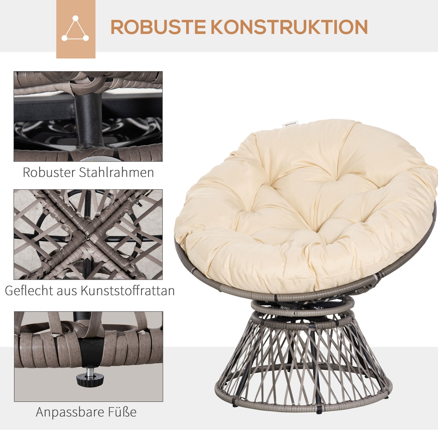 Flätad Papasan-stol med dyna, 360° metallram, kräm