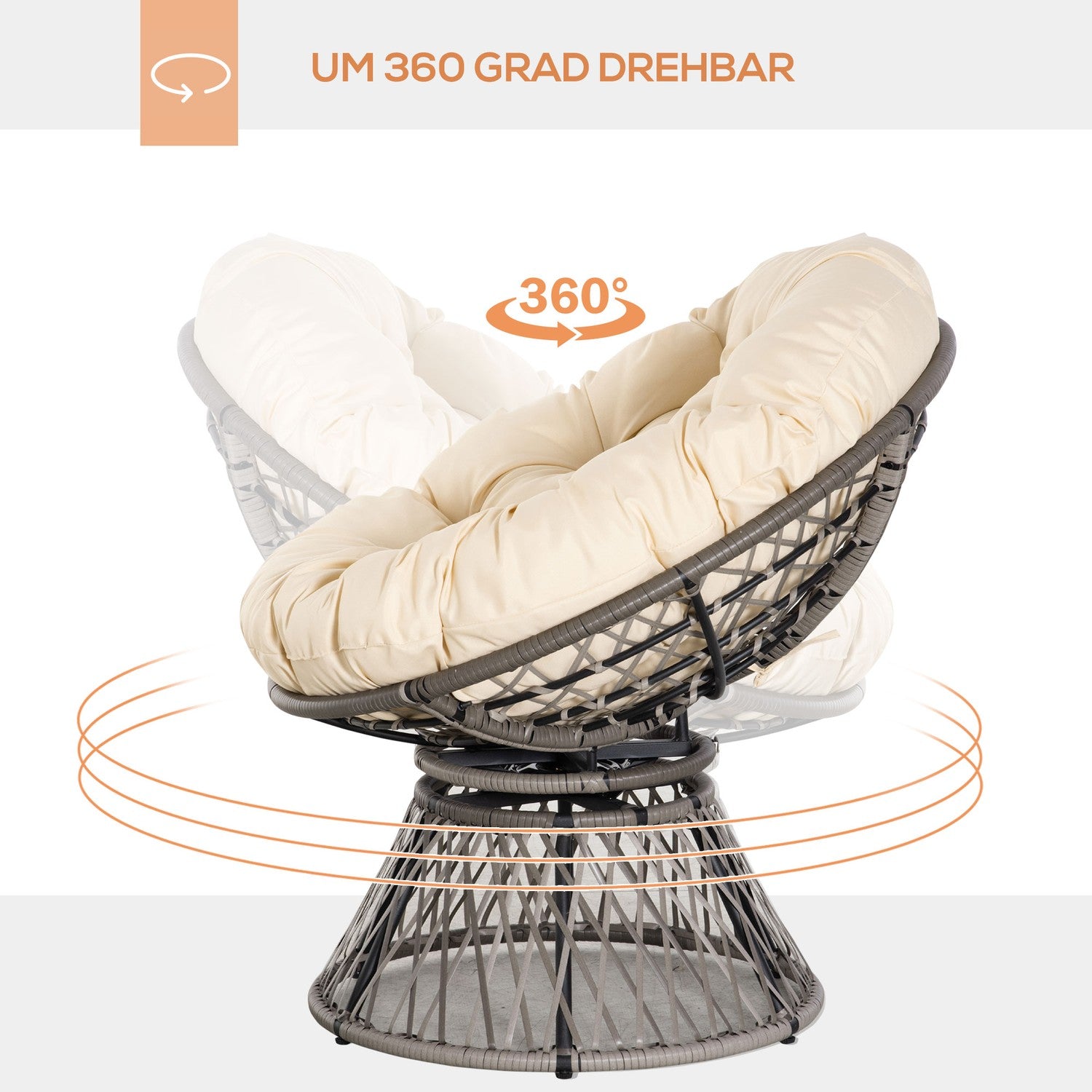 Flätad Papasan-stol med dyna, 360° metallram, kräm