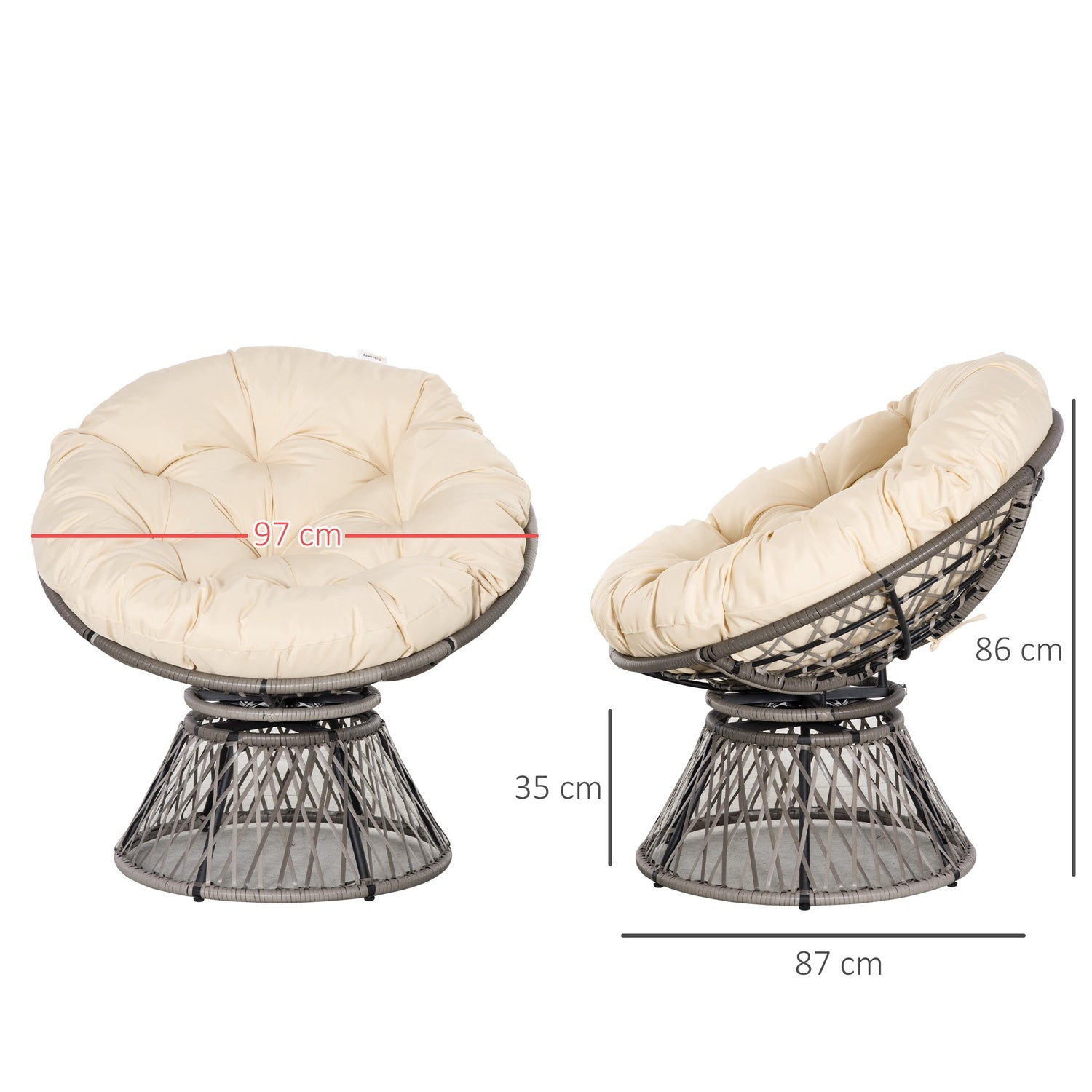 Flätad Papasan-stol med dyna, 360° metallram, kräm