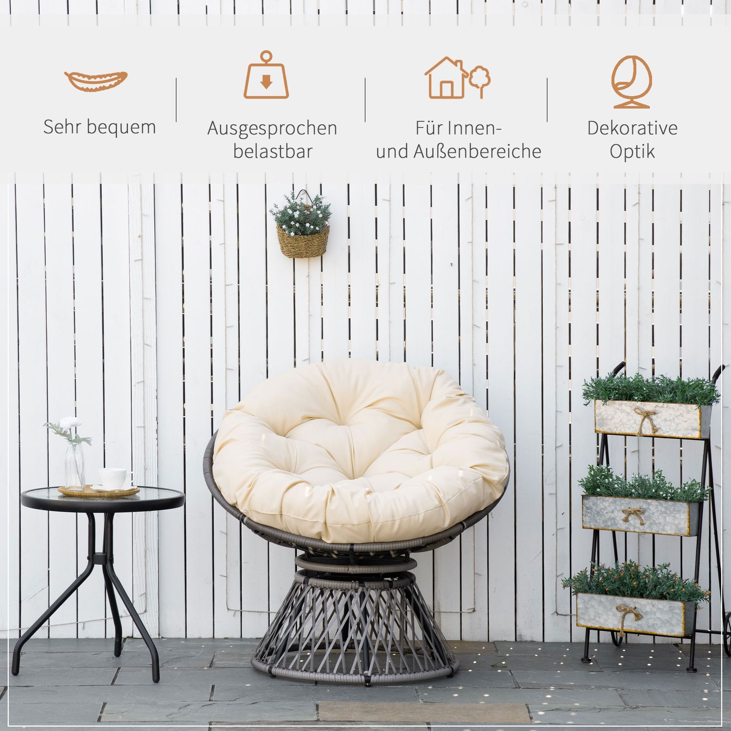 Flätad Papasan-stol med dyna, 360° metallram, kräm